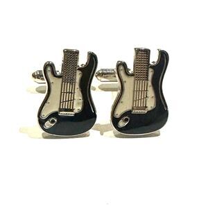 Fender Stratocaster Electric Guitar Cufflinks — Silver with White Inlay